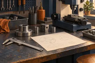 Ilustracja stanowiska z maszyną i metalowymi elementami