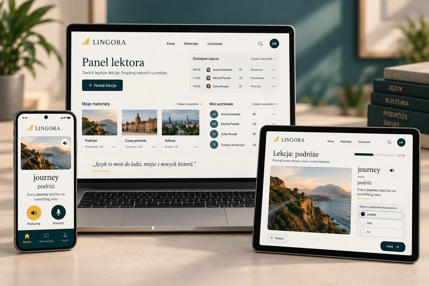 LINGORA — projekt ekranów: Panel lektora na laptopie, lekcja na tablecie i powtórka słówek w telefonie.