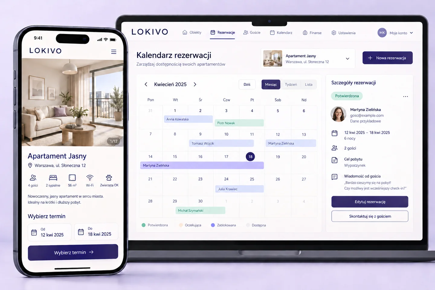 LOKIVO — projekt ekranów: Wybór apartamentu dla gościa. Terminy i lokale dla zarządcy.