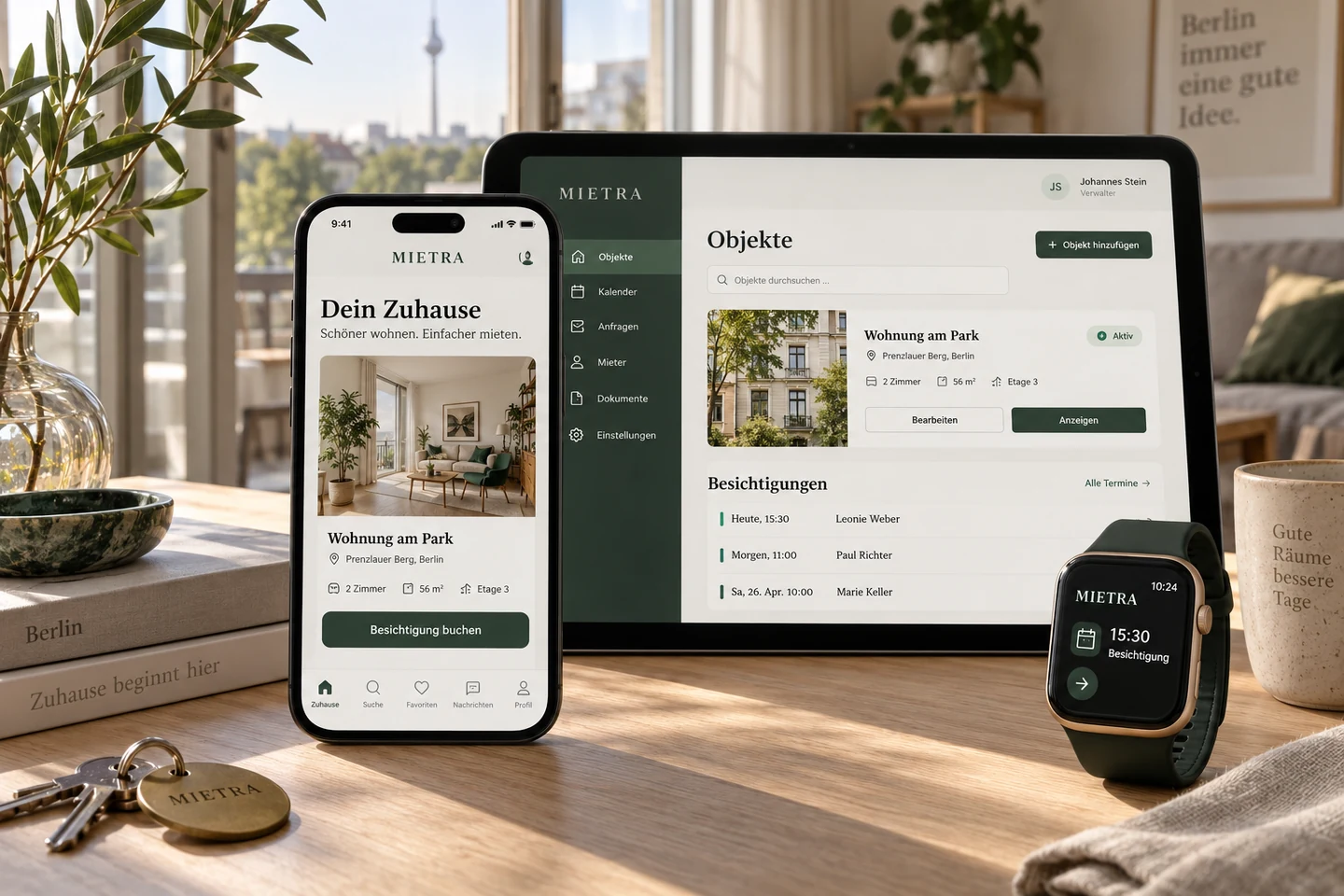 MIETRA — projekt ekranów: Projekt wynajmu mieszkań: oferta w języku niemieckim i czytelna ścieżka umówienia prezentacji.