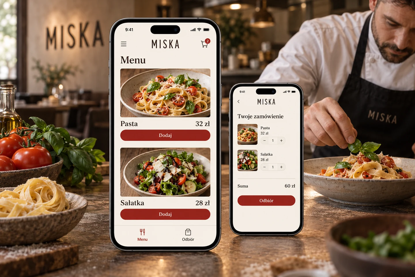 MISKA Studio — projekt ekranów: Menu i wybór dania dla gościa. Kolejka zamówień dla kuchni.