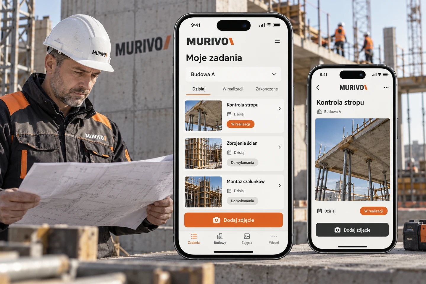 MURIVO — dodatkowa projektowa wizualizacja ekranów telefonu w otoczeniu budowy