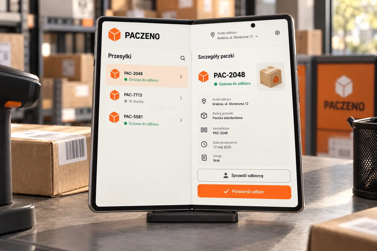 PACZENO — projekt ekranów: Kolejka przesyłek i szczegóły odbioru obok siebie na ekranie telefonu składanego.