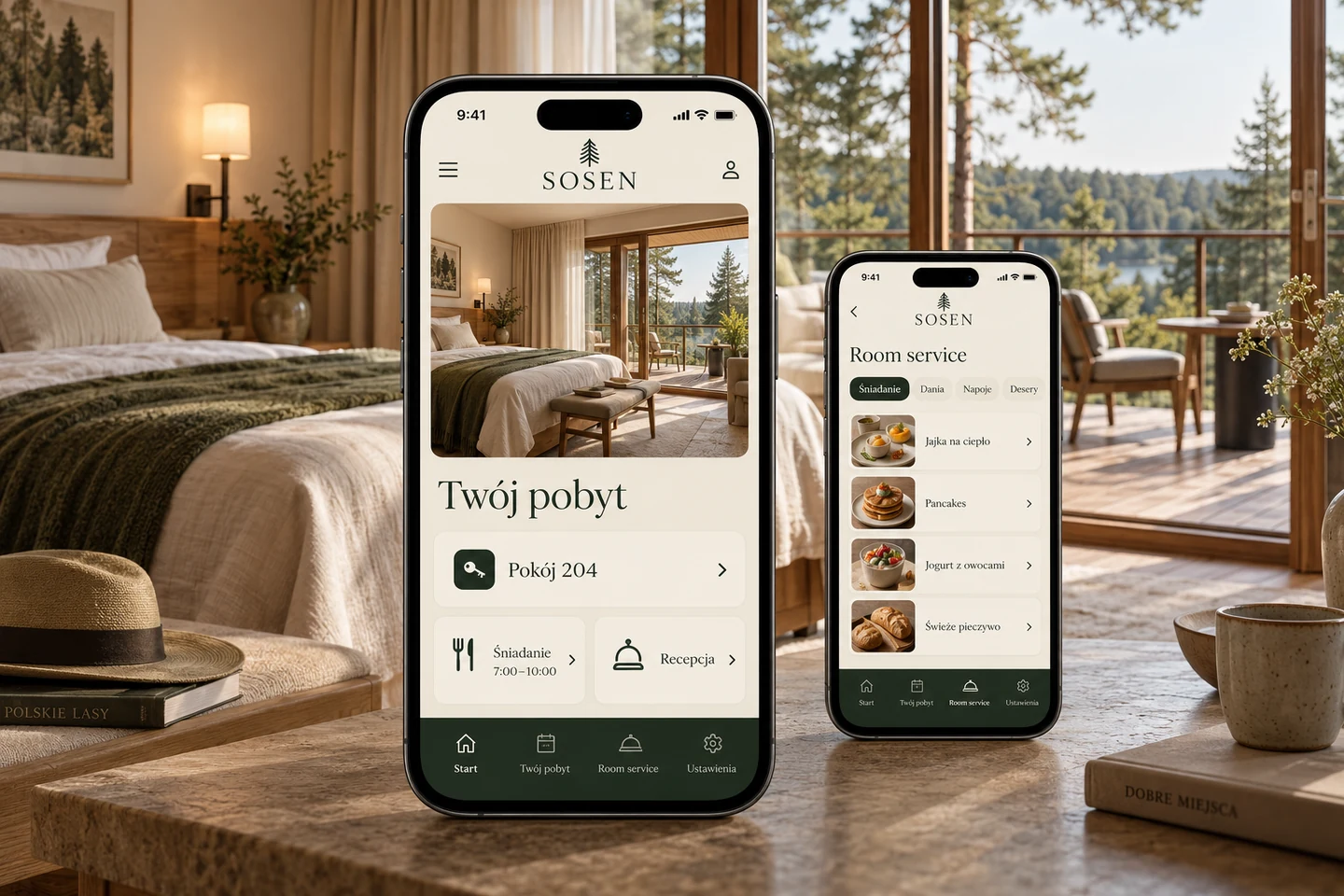 SOSEN Stay — projekt ekranów: Szczegóły pobytu dla gościa i kalendarz rezerwacji dla hotelu.