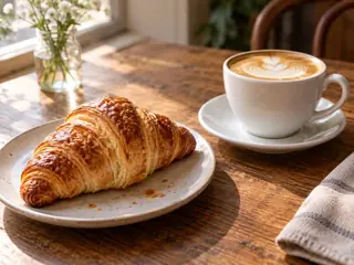 Kawa i croissant na drewnianym stoliku