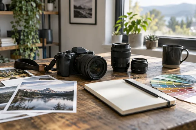 Aparat i materiały na stole fotografa