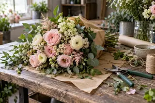 Bukiet i przybory na stole florystycznym