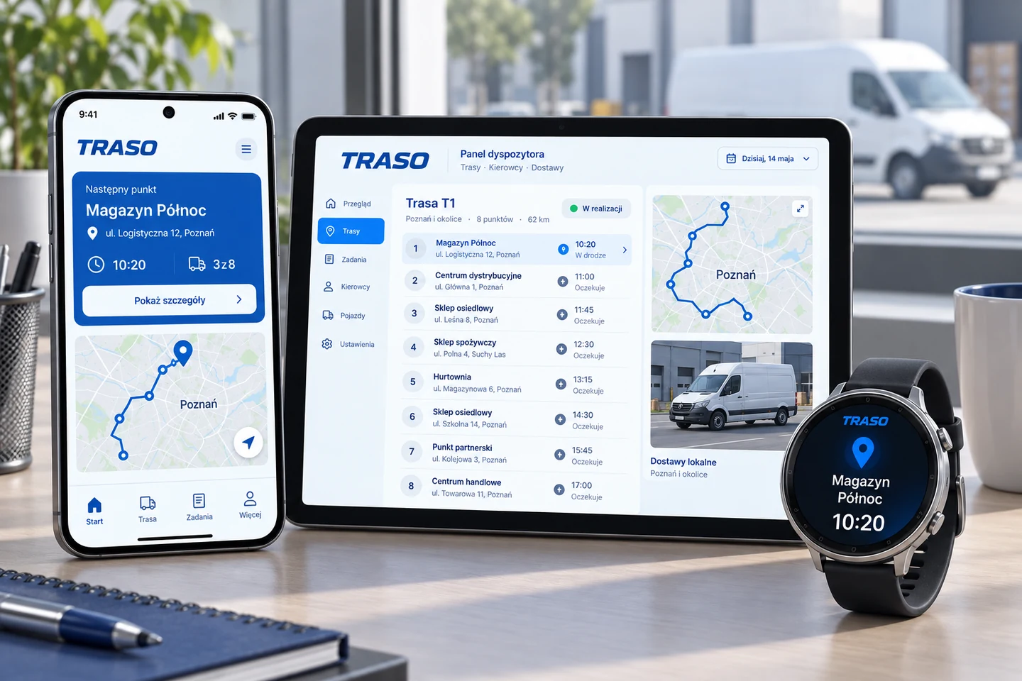 TRASO — projekt ekranów: Punkty dostawy w telefonie Android, plan dyspozytora i skrót następnego punktu na okrągłym zegarku.